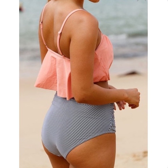 Nwot Coral Orange Mid Waist Bikini Ruffle Spaghetti Strap Top - Picture 2 of 14